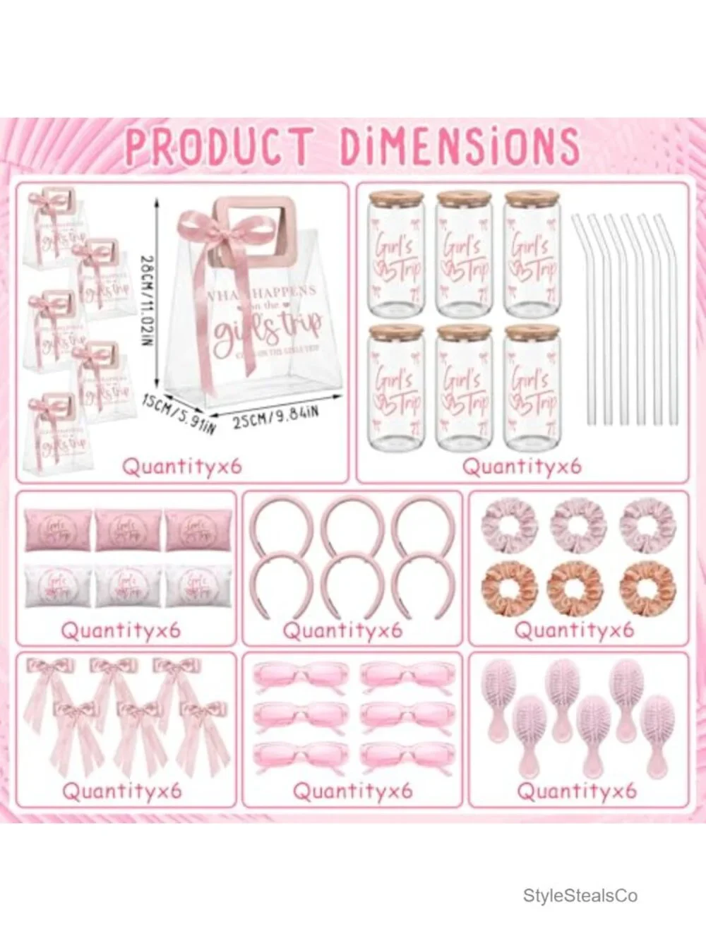 48 Pcs Girls Trip Party Favors Set Clear Tote Bags Glass Cups Hair Accessories